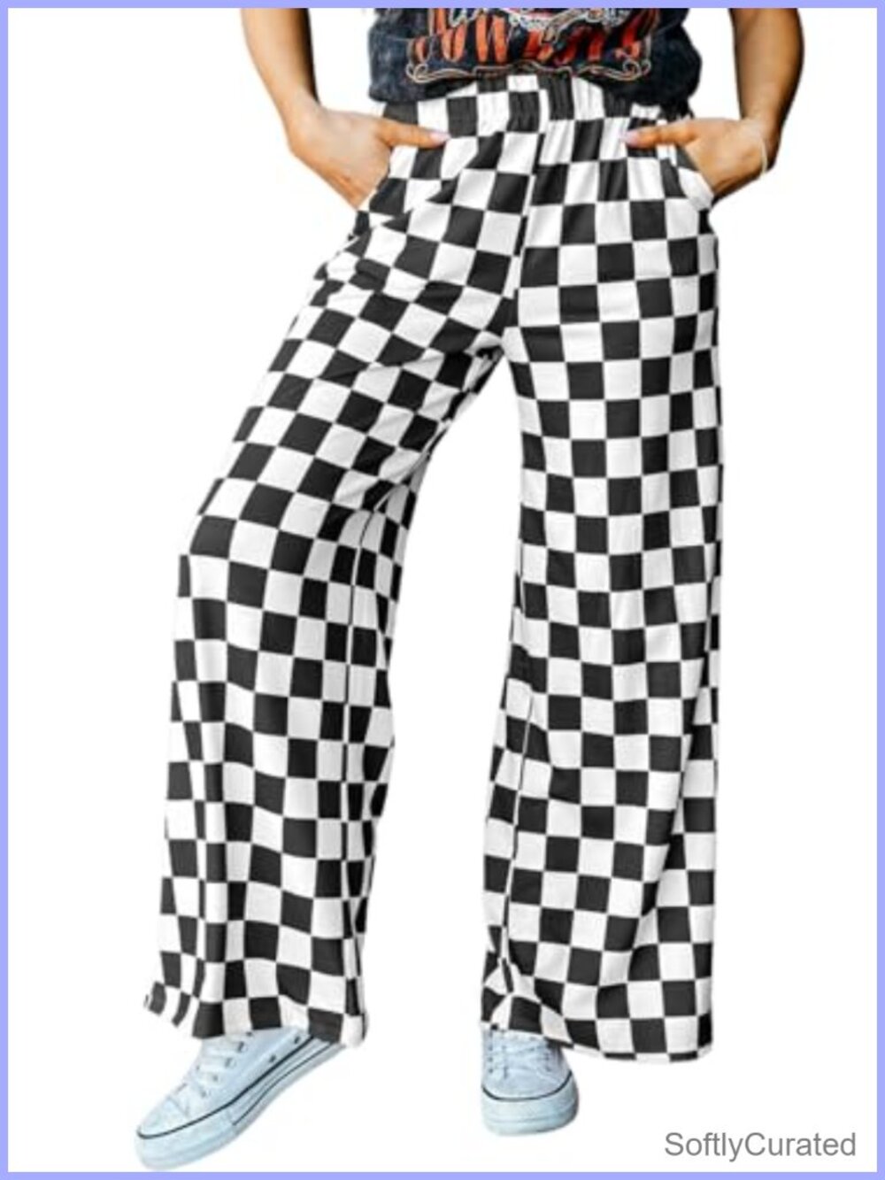 Wide Leg Checkered Pants High Rise Elastic Waist Pockets Loose Trousers